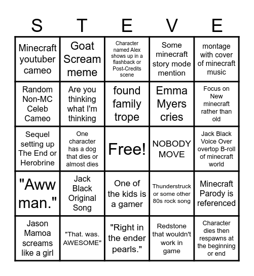 Minecraft Movie Bingo Card