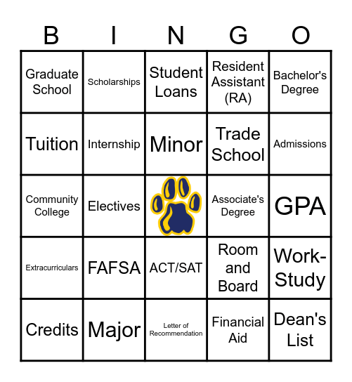College Terms Bingo Card