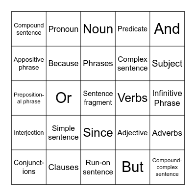 Sentence Structure Bingo Card