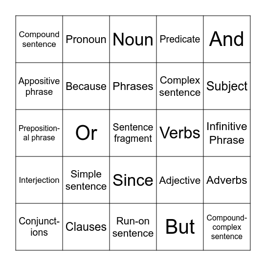 Sentence Structure Bingo Card