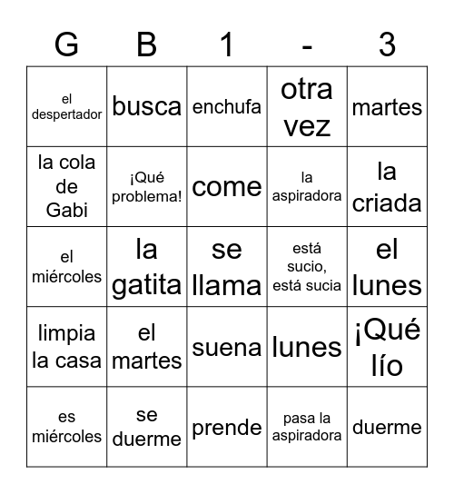 Gabi 1-3 vocab Bingo Card