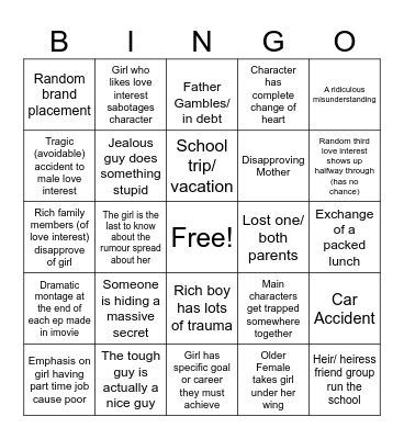 Korean Drama Bingo Card