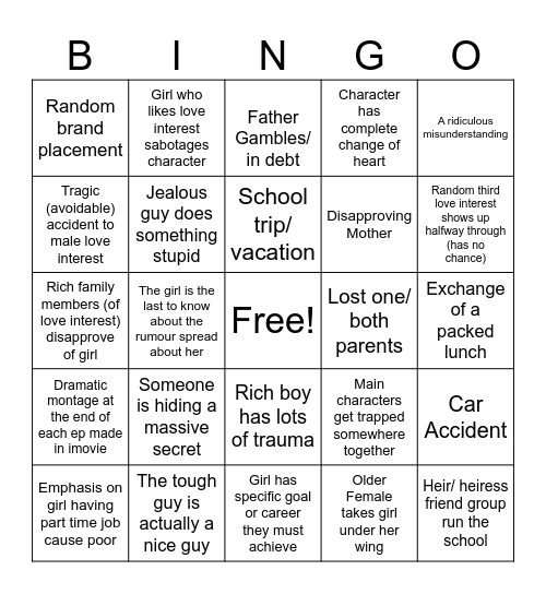 Korean Drama Bingo Card