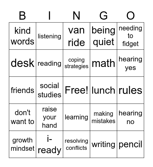 School Expectations Bingo Card