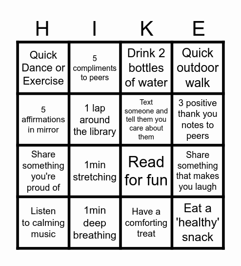 Team Mindfulness Challenge Bingo Card