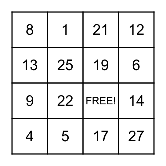 Numbers 1-30 Bingo Card