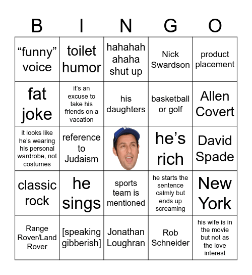 Adam Sandler Movie Bingo Card