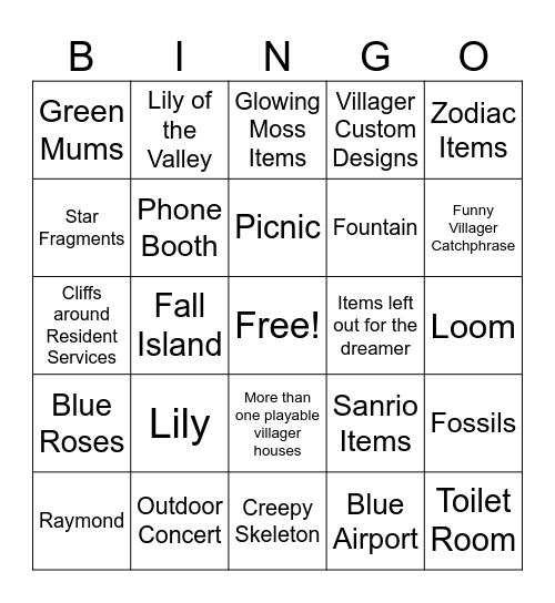 Dream Address Bingo Card