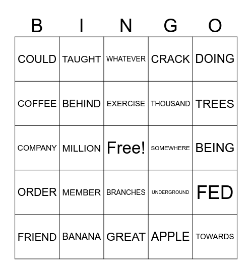 HIGH FREQUENCY WORDS Bingo Card