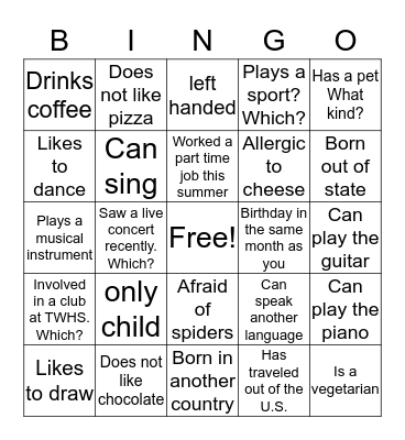 Getting to know you Bingo Card