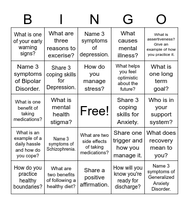 Mental Health Awareness Bingo Card