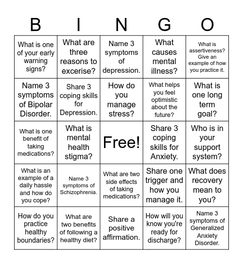 Mental Health Awareness Bingo Card