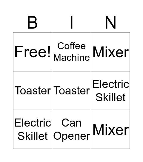 Small Appliances Bingo  Bingo Card
