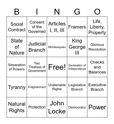 John Locke & Montesquieu Bingo Game Bingo Card