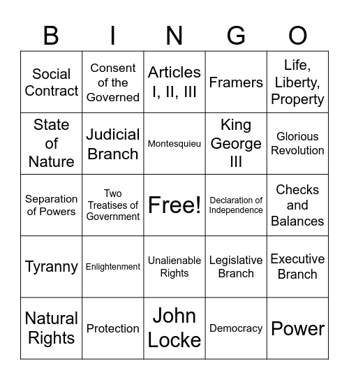 John Locke & Montesquieu Bingo Game Bingo Card