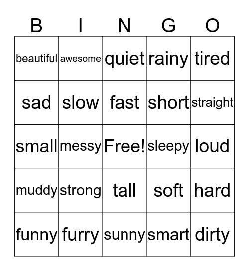 Adjective Bingo Card