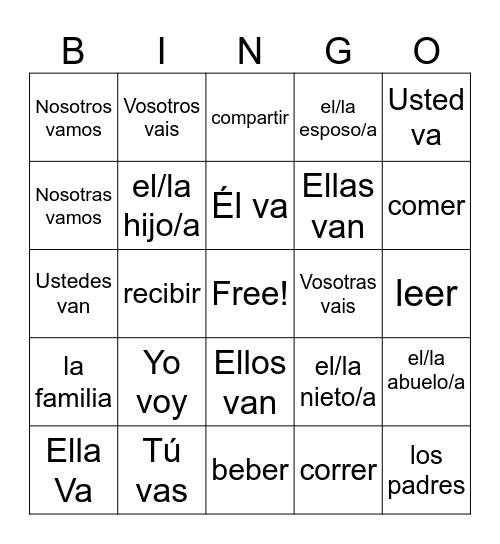 The verb to Go and Bingo Card
