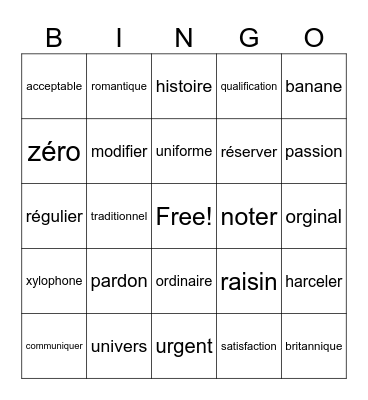 French Cognates Bingo Card