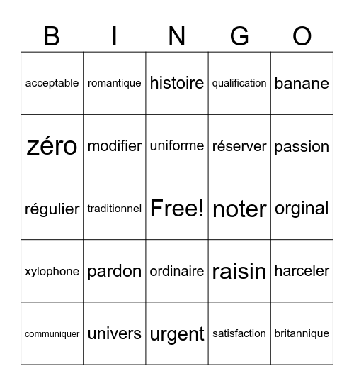 French Cognates Bingo Card