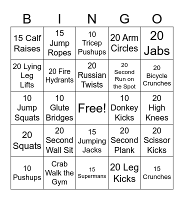 PAF Fitness BINGO Card