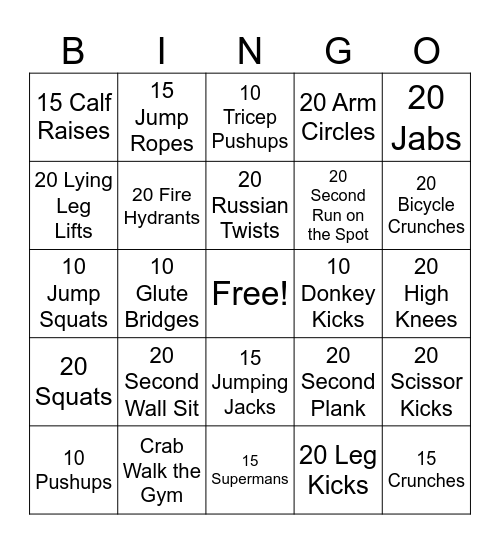 PAF Fitness BINGO Card