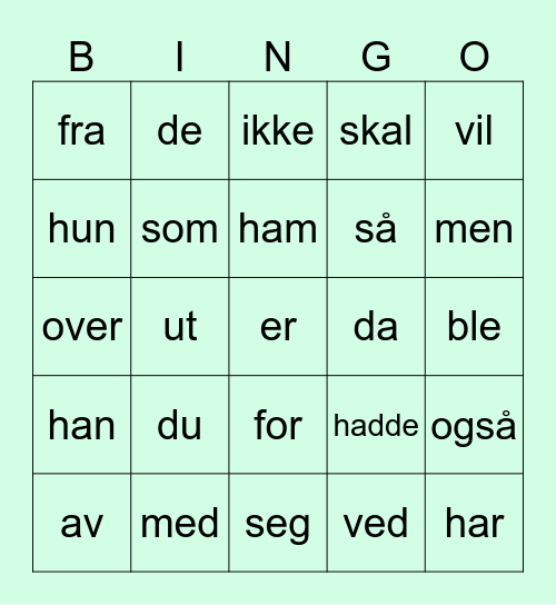 Høyfrekvente ord Bingo Card