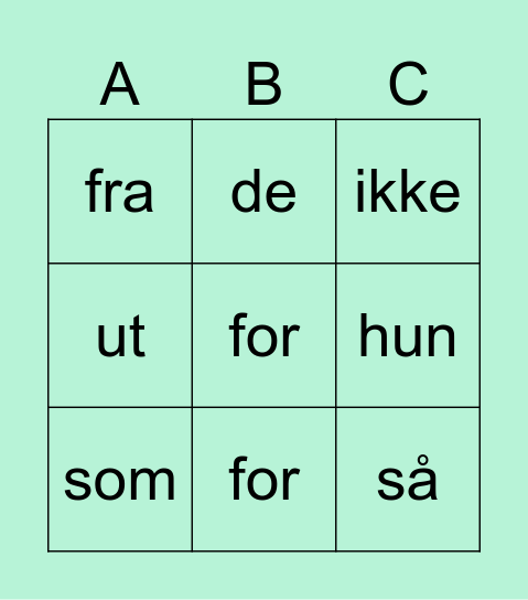 Høyfrekvente ord Bingo Card