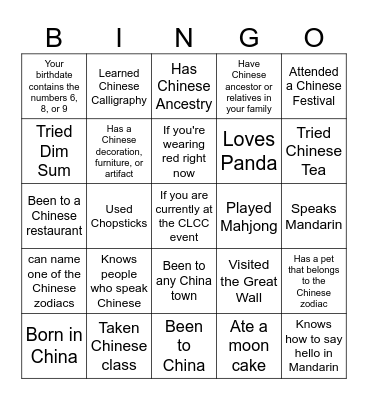 Chinese Culture Bingo Card