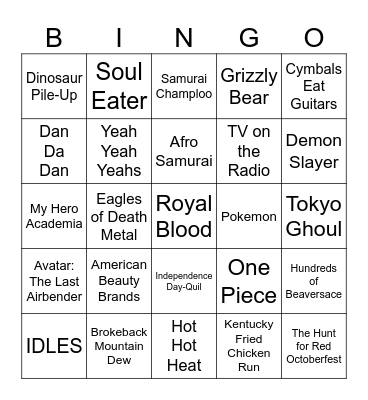 Alt/Punk, Movies & Products, & Anime Bingo Card