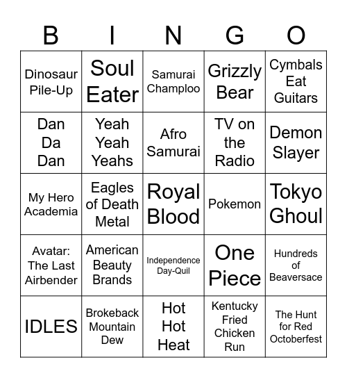 Alt/Punk, Movies & Products, & Anime Bingo Card