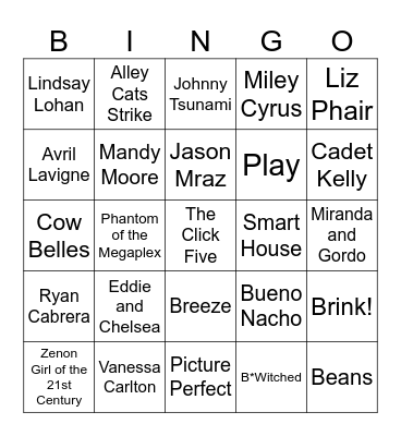 Disney Channel! & Early 2000s Teen Pop Bingo Card