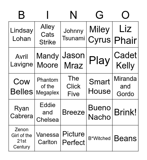 Disney Channel! & Early 2000s Teen Pop Bingo Card