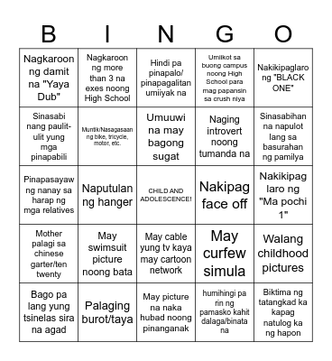 Childhood and Adolescence Bingo Card