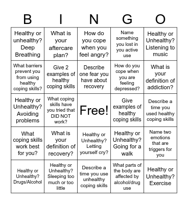 Recovery Bingo Card