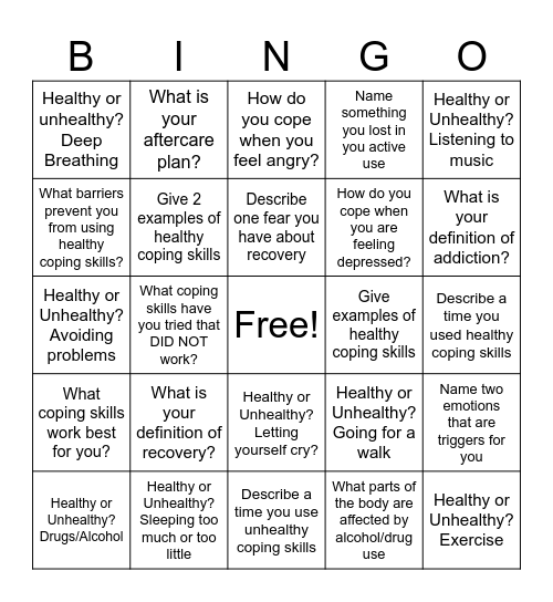 Recovery Bingo Card