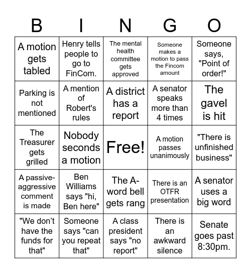 Senate BINGO! Bingo Card