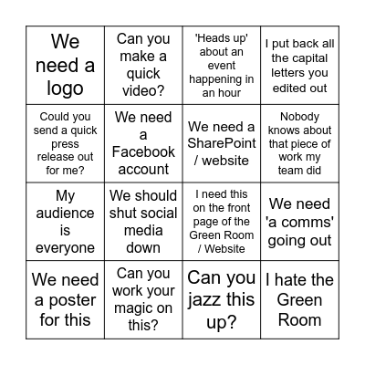 Comms Facepalm Bingo Card