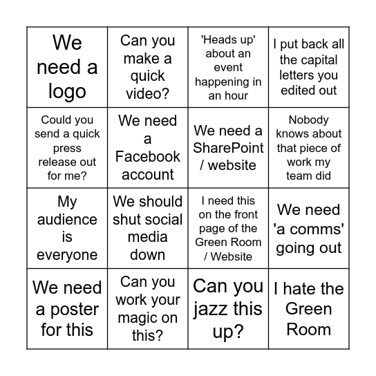 Comms Facepalm Bingo Card