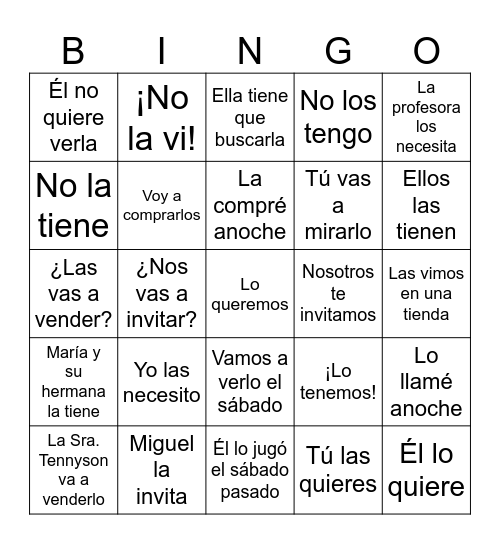 COMPLEMENTOS DIRECTOS (DOPs) Bingo Card