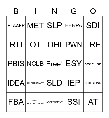 SPECIAL EDUCATION BINGO Card