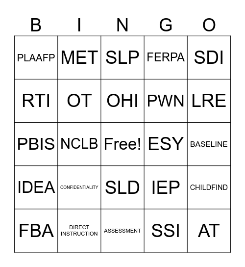 SPECIAL EDUCATION BINGO Card
