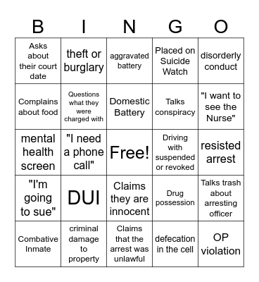 Jail Booking Bingo Card