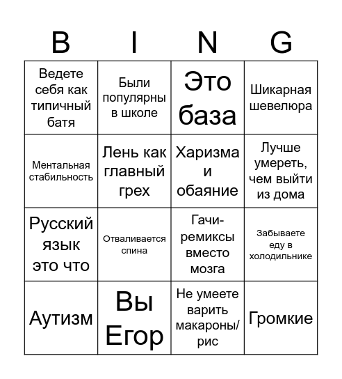 Насколько вы Егор? Bingo Card