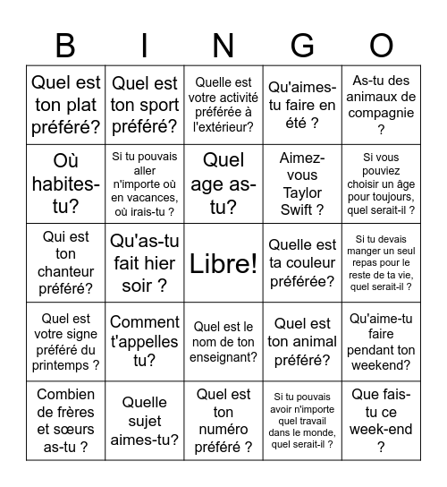 Ici on parle français Bingo Card