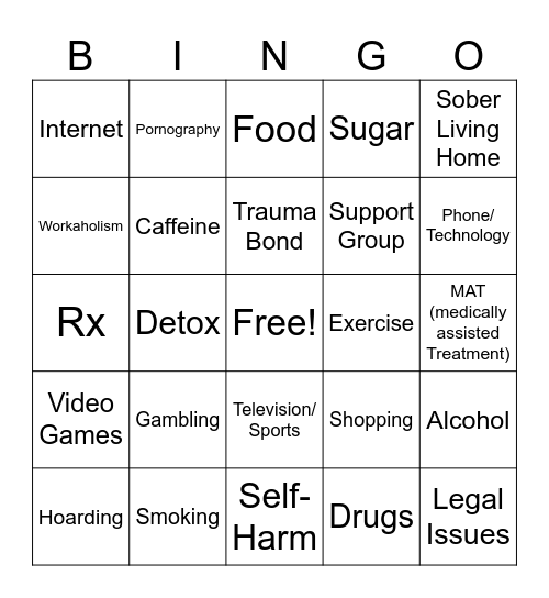 Addiction: self or loved one Bingo Card