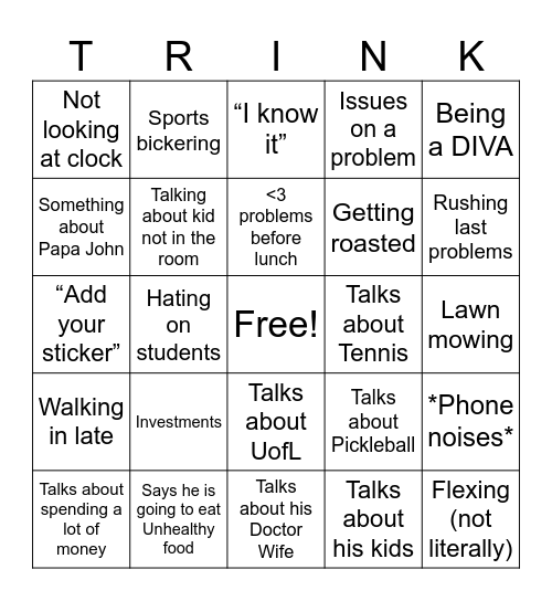 Trinkle Bingo SMS (2025) Bingo Card
