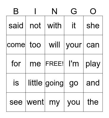 Sight Words Bingo Card