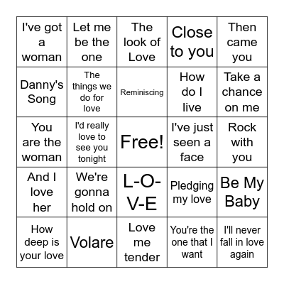 Love Song Music Bingo Card