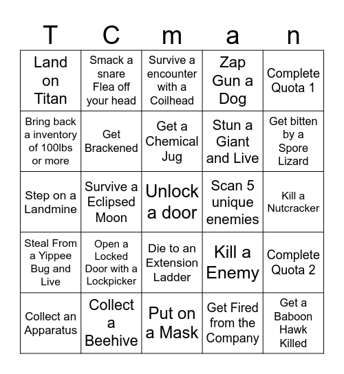 Lethal Company Bingo Challenge Bingo Card