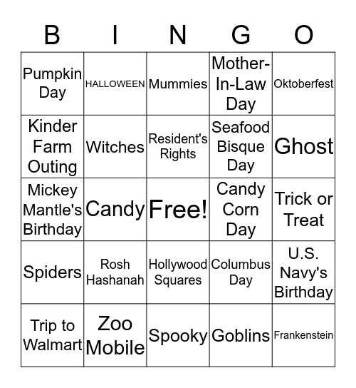 October Stuff Bingo Card